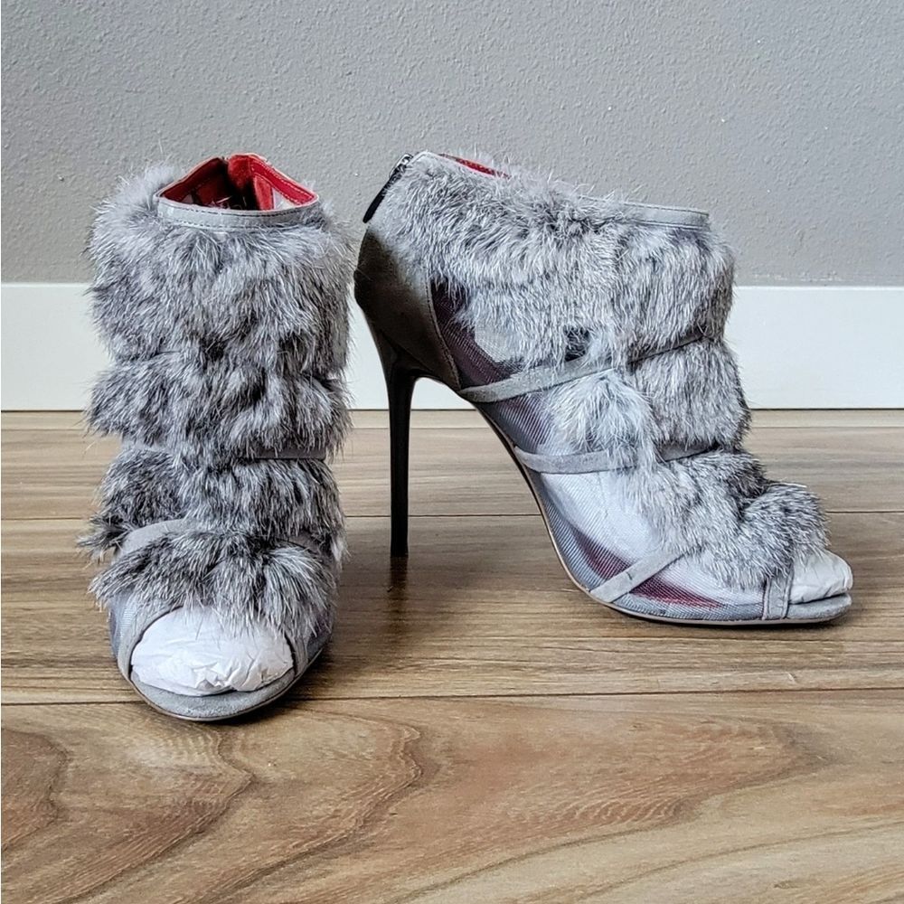 Charles Jourdan Ecliptic Rabbit Fur Mesh Caged Stiletto Peep Toe Bootie in Gray